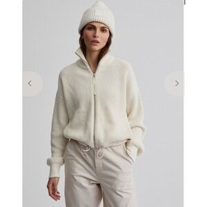 Varley Anderson Zip Through Sweater Egret White Chunky Knit Jacket Cinch Waist L